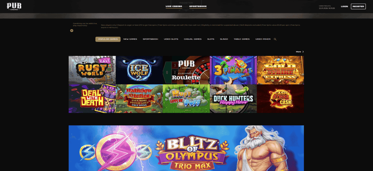 Screenshot of the Pub Casino website